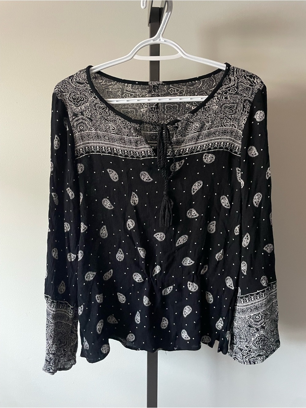 Boho Paisley Peasant Tassel Tie Blouse Long Sleeve Western Festival Vintage